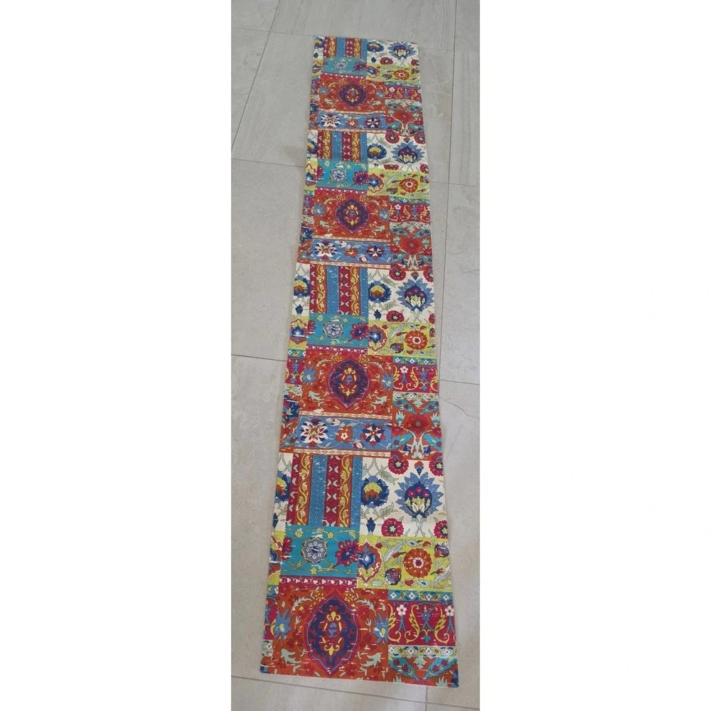 World Market Cotton Table Runner 16x90 Patchwork Floral Medallion Boho Autumn